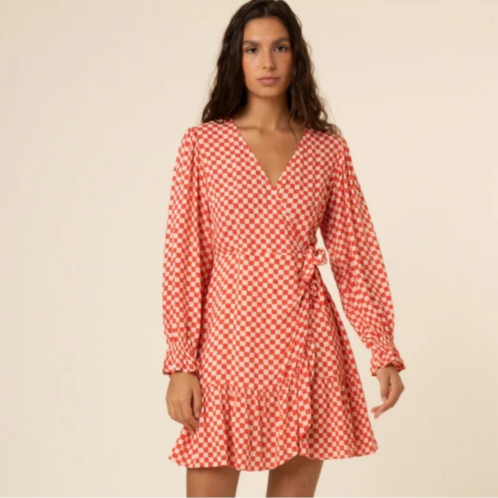 NWT FRNCH Monique Check Ruffle Long Sleeve Wrap Dress Size S
